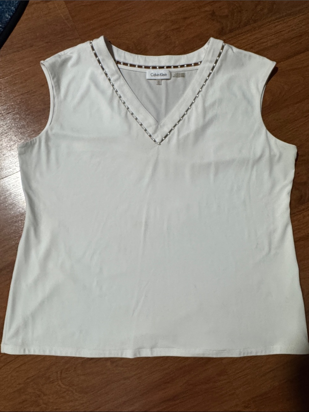Calvin Klein Cream Sleeveless V-Neck Blouse with Metallic Trim